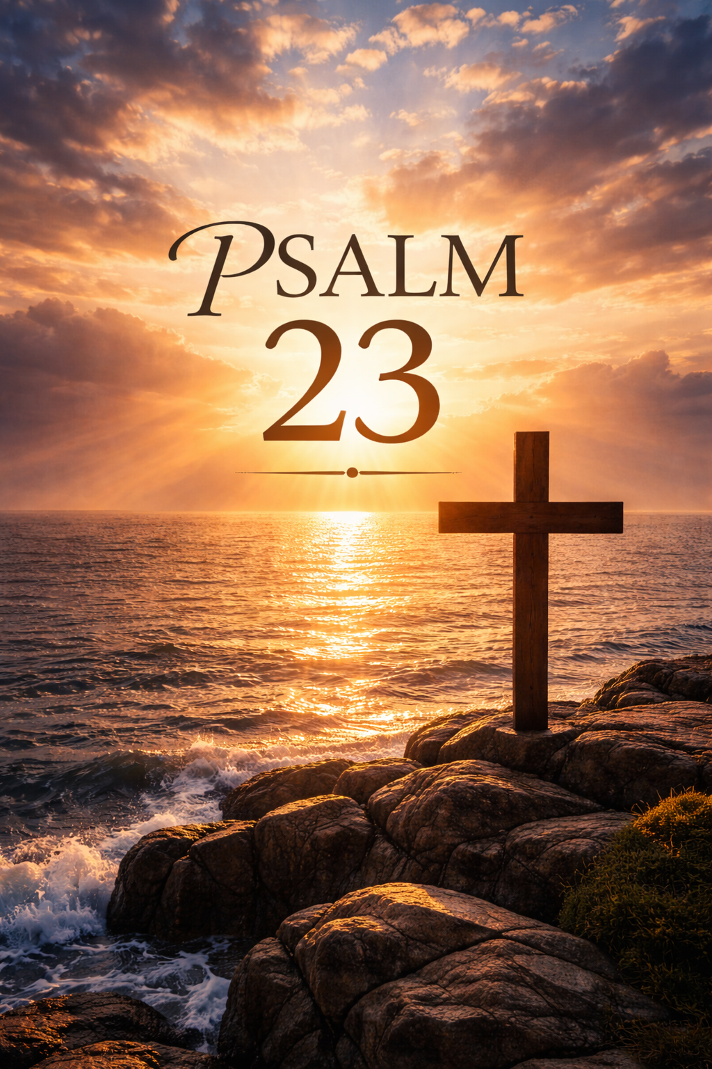 Dramatic golden sunrise over calm sea with wooden cross silhouette standing on rocky shore, golden and blue tones, rays of light breaking through clouds -- vertical Psalm 23 scripture wallpaper HD